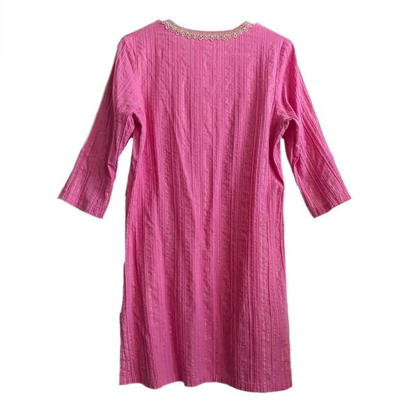 LILLY PULITZER Esme Lurex Crinkle Gold Stripe Pink Tunic Dress - Picture 2 of 6